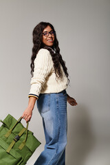 Beautiful young student showcasing her unique style in a cozy indoor setting with a cheerful smile