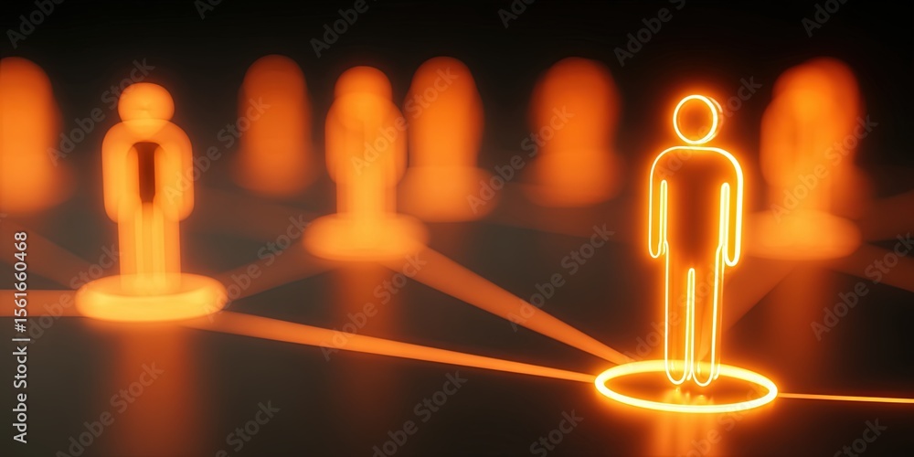 Poster bright neon human icon connected to multiple users network illustration.