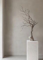 Bare branches on light stone plinth