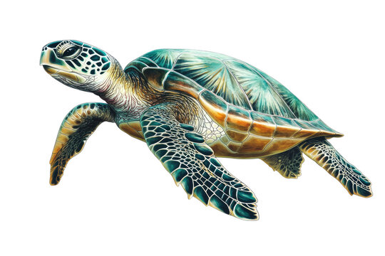 Detailed illustration of a sea turtle.  Colorful, stylized rendering of a sea turtle swimming, showcasing intricate shell details.  Vibrant teal, turquoise, and gold hues create a dynamic image