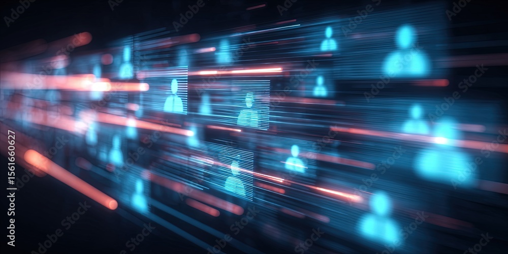 Poster futuristic digital network with glowing icons representing technology connections and communication.