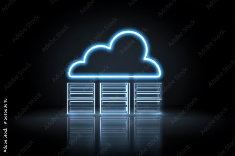 Poster Neon Cloud Over Server Storage Data Center Illustration with Cloud Computing Theme.
