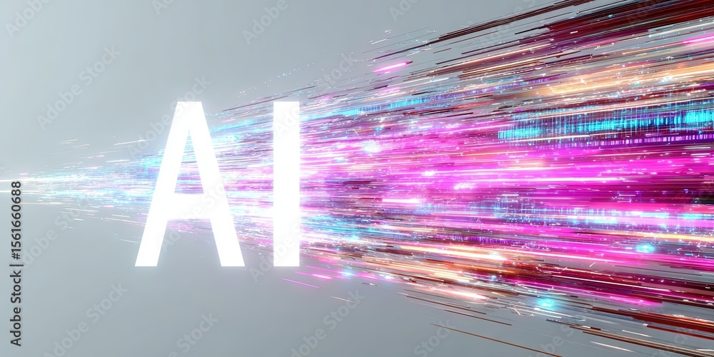 Poster Abstract Digital Art Showing AI Concept with Colorful Light Streaks and Glowing Text.