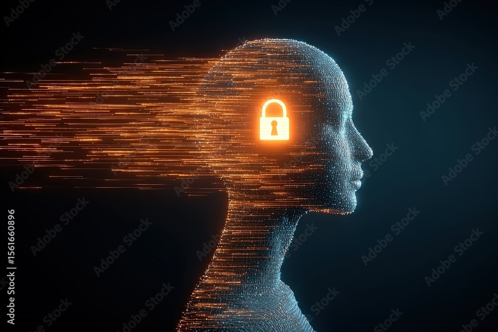 Poster Digital security concept with lock icon and a profile of a human face in glowing digital particles.