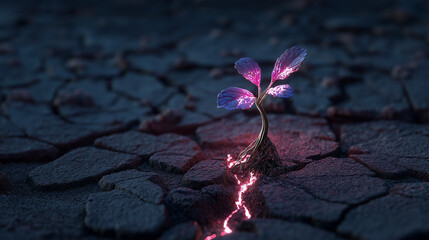Glowing Plant Sprout Emerging From Cracked Earth