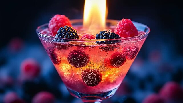 Flaming berry cocktail in martini glass