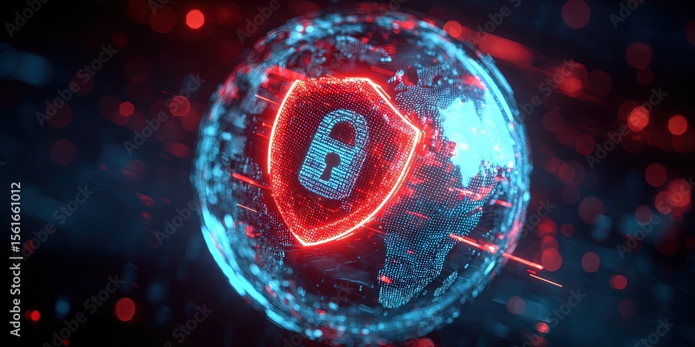 Aufkleber futuristic digital world security concept with glowing shield protecting data network.