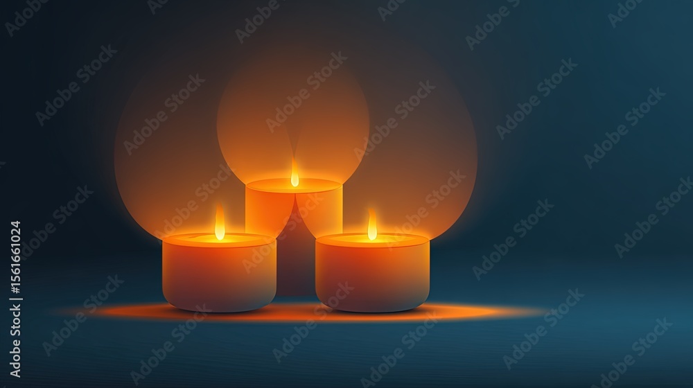 Poster group of three glowing candle flames creating warm light and soft bokeh effect.