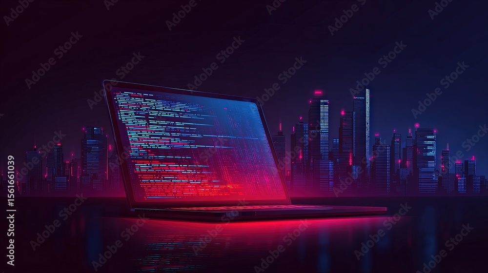 Poster futuristic digital laptop with glowing code display in a vibrant cityscape at night.