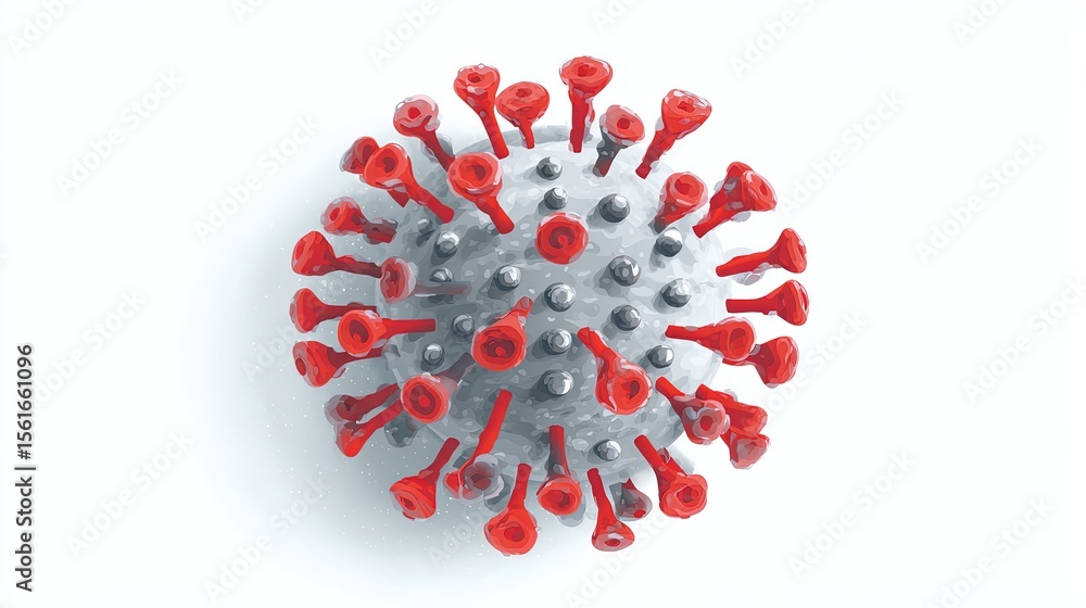 Aufkleber 3d rendered illustration of a virus particle with red spike proteins on a gray spherical surface.
