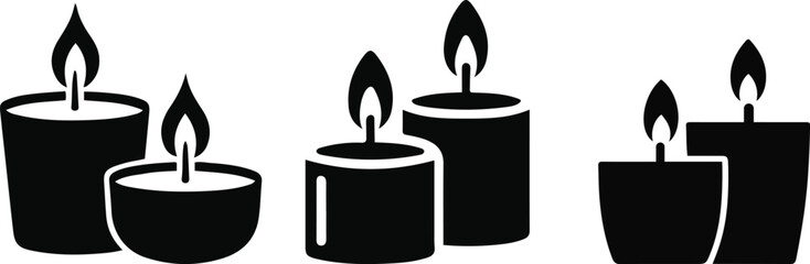 Candle Icons Set – Vector Candle Silhouettes with Flame for Decoration and Relaxation.