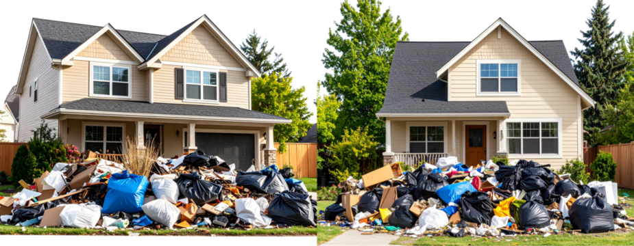 Suburban House with Pile of Trash and Debris in Front Yard, Surrounded by Lush Trees, Isolated PNG