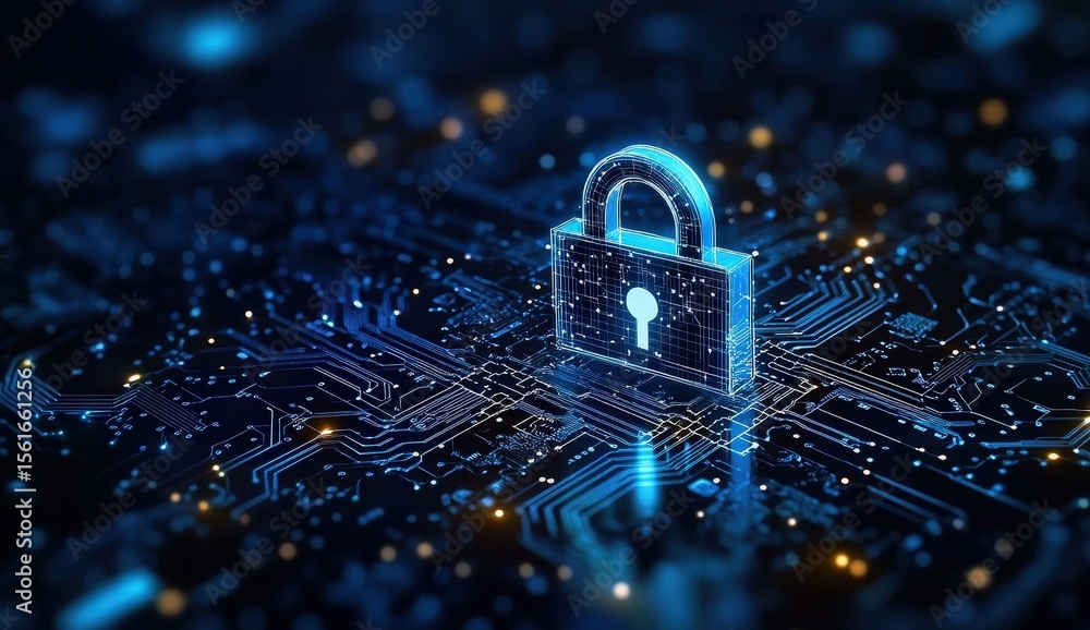 Poster a digital lock symbol glows on a circuit board, representing cybersecurity and data protection in a 