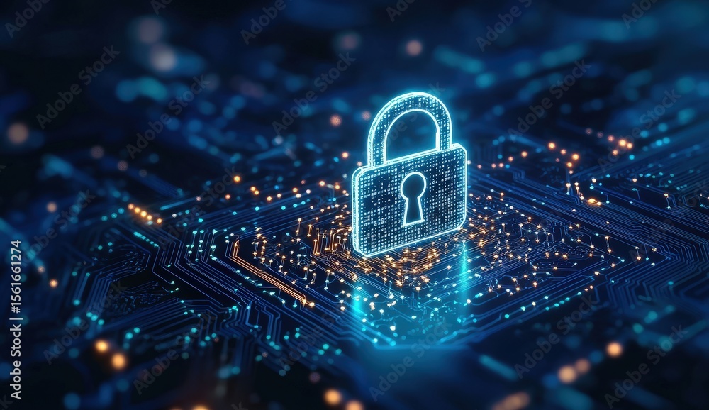 Poster a digital padlock glowing in blue on a circuit board represents cybersecurity and data protection in