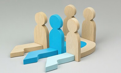 Wooden figures, blue central figure, arrows, grouped