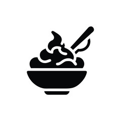 Whimsical black icon of a creamy dessert in a bowl with a spoon, ideal for menus, cookbooks, or food blogs. Playful, minimalist style