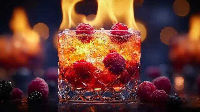 Sparkling raspberry cocktail on fire