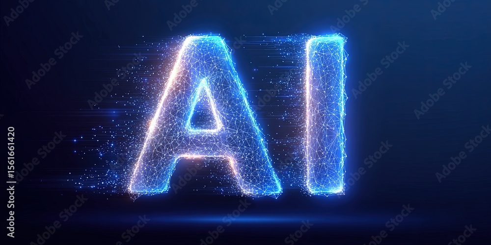 Poster Glowing Digital AI Letters with Particle Effects and Futuristic Technology Style.