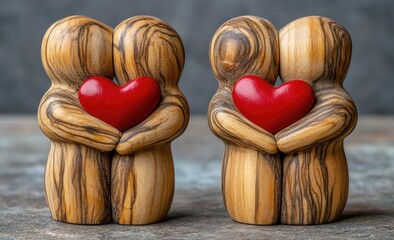 Two wooden figurines, embracing, holding red hearts