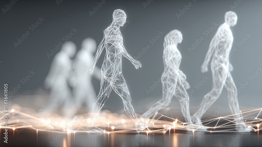 Poster abstract digital art of human evolution progression with neon lines and network background.