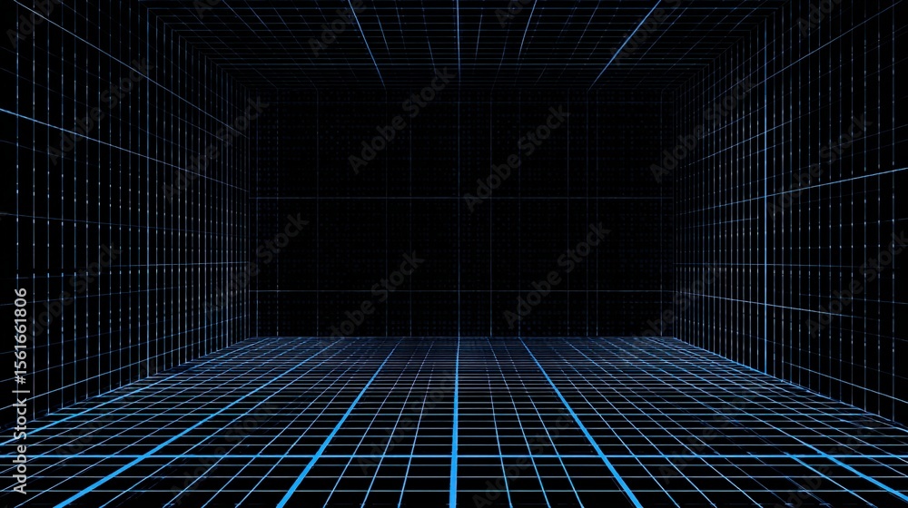 Poster Futuristic Digital Room with Neon Grid Lines and High Tech Virtual Environment.