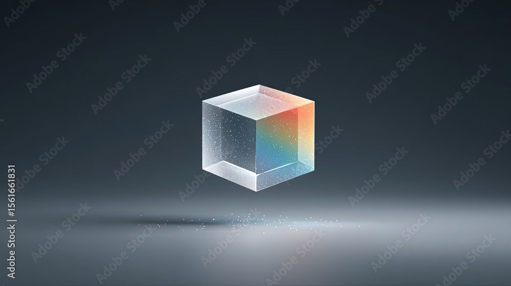 Poster transparent 3d cube with rainbow gradient glow effect on dark background.