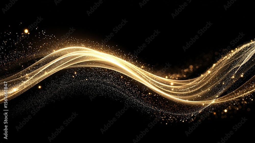 Poster Elegant golden light wave flow with sparkling particles on black background.
