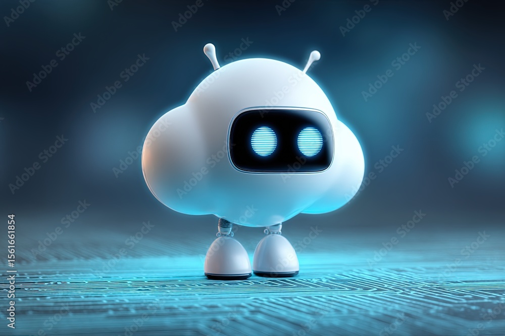 Poster Cute cartoon robot with a round body and antennae standing on digital surface in futuristic scene.
