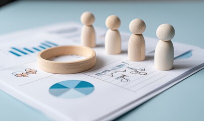 Four light-colored wooden figurines stand on a document with charts and graphs.  A light brown ring is in the center