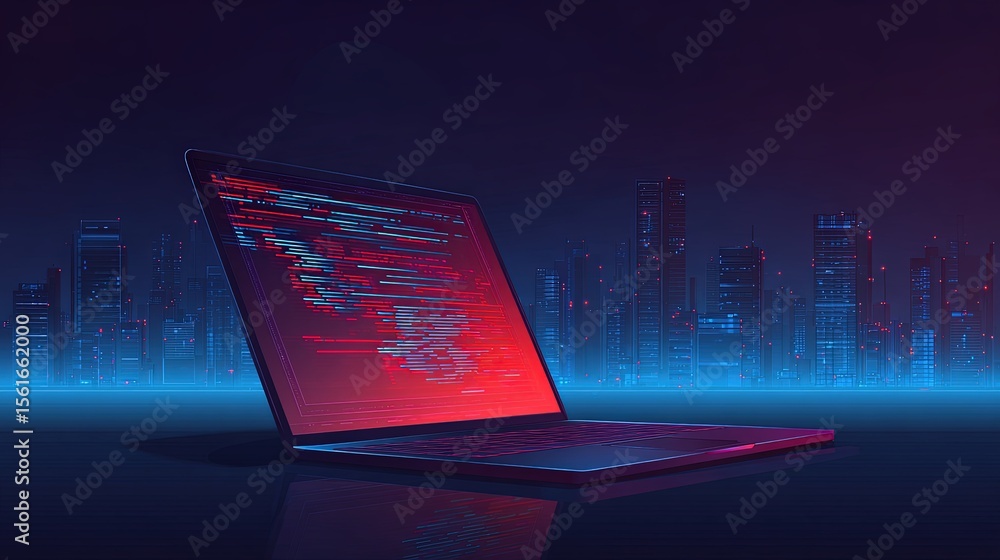Poster futuristic dark cityscape with glowing skyscrapers and a laptop displaying code at night.