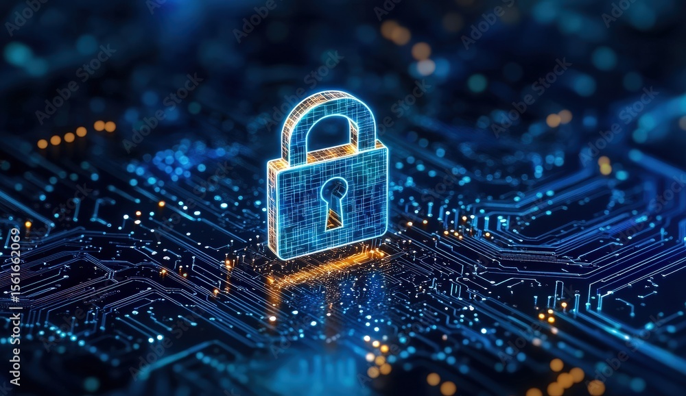 Poster a digital lock symbolizing cybersecurity and data protection, hovering over a glowing circuit board 