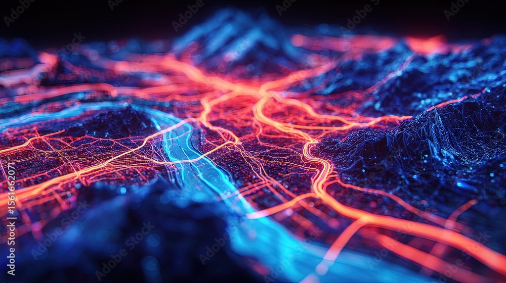 Poster futuristic digital landscape with flowing neon lines and glowing network pathways.