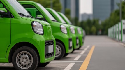 Fototapeta premium Eco-Friendly Green Hydrogen Vehicles in Urban City Center with Clean Energy Infrastructure - Copy Space Available for Text