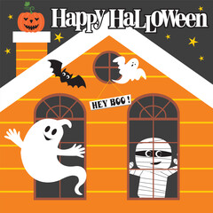 Happy Halloween night scene with spooky house and characters