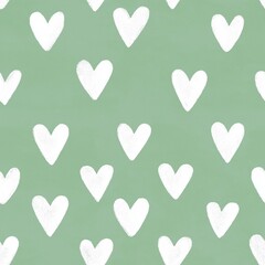A simple and charming pattern featuring hand-drawn white hearts on a soothing green background, perfect for designs.