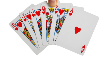 Playing cards showing a royal flush of hearts isolated PNG with Transparent Background