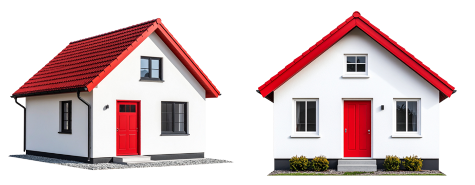 Small White House with Red Roof and Door, Symmetrical Modern Design, isolated on transparent background PNG