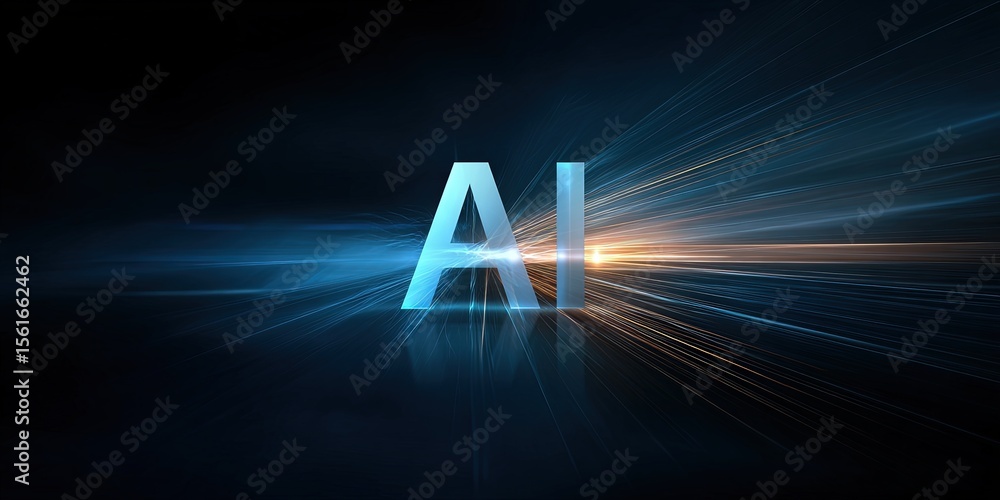 Poster futuristic ai technology concept with glowing illuminated letters and dynamic light effects.
