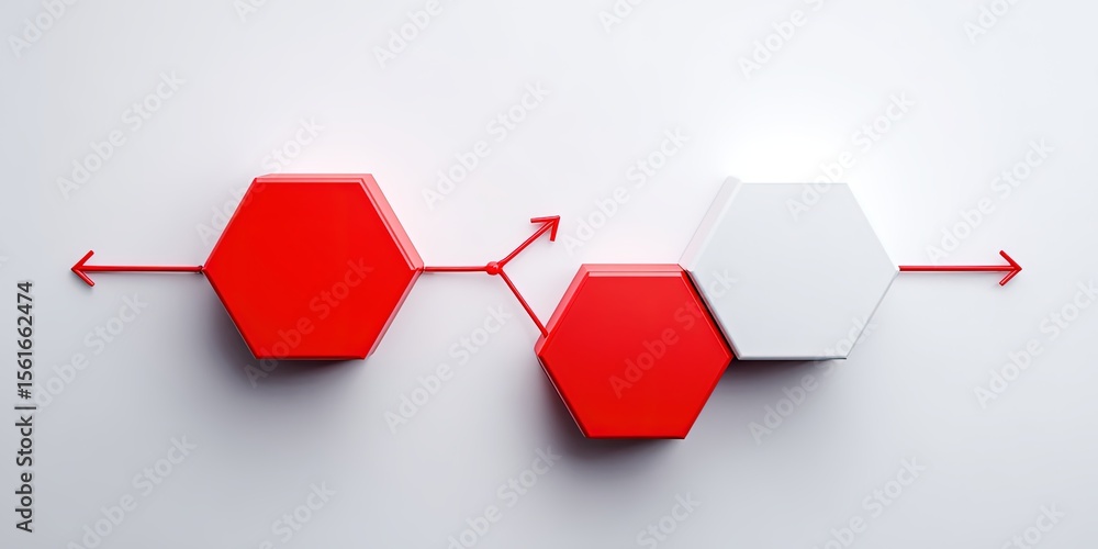 Poster modern abstract business process flow diagram with hexagons and arrows.