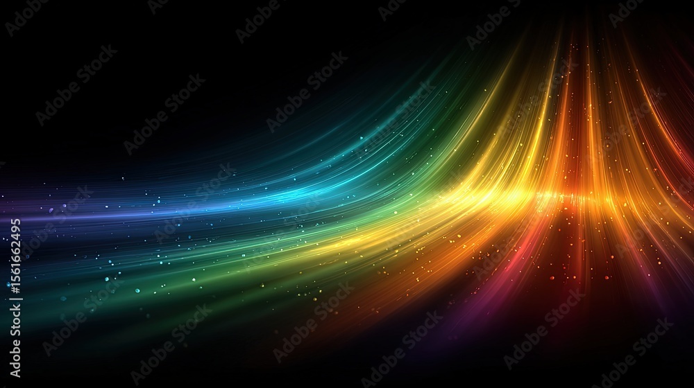 Poster Vibrant colorful light trails flowing across dark background creating dynamic abstract scene.