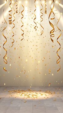 Golden ribbons and confetti falling from spotlights creating a festive celebratory atmosphere on a tiled floor