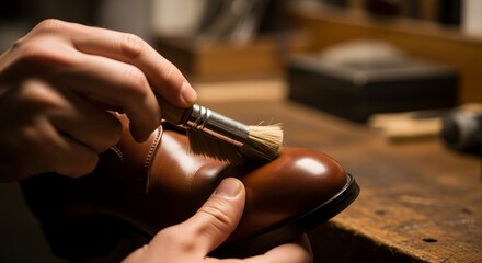 Craftsman Polishing Brown Leather Shoe with Brush