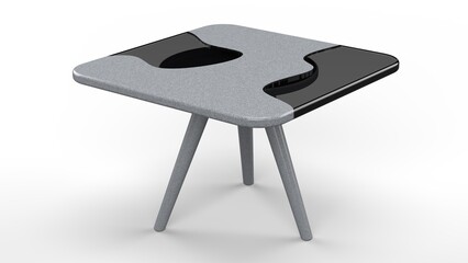 Grey Granite and Glass Table. Three Legged. Isolated. White background. 3D render