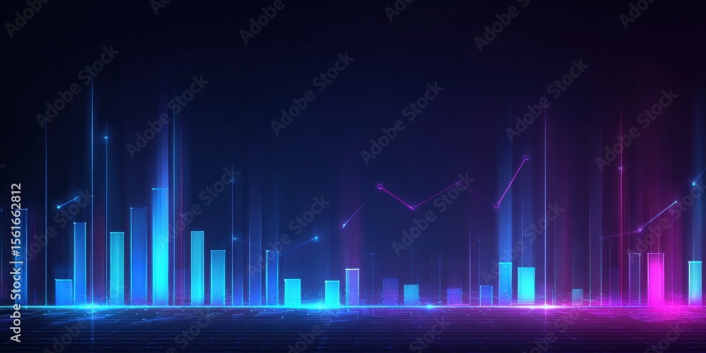 Poster Advanced digital graph with vibrant neon light bars and futuristic data visualization.