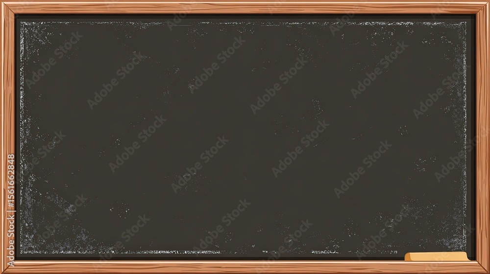 Poster Empty blackboard with wooden frame and chalk tray in classroom setting.
