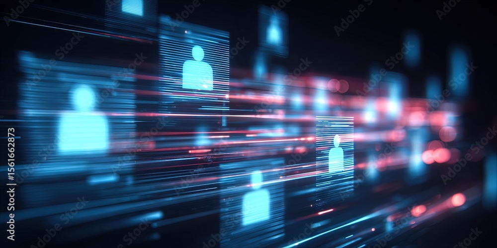 Poster Digital networking interface with icons of people and data streams in futuristic style.