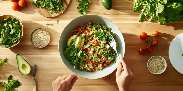 wholesome vegan lunch with avocado, cherry tomatoes, lettuce and grains - Powered by Adobe