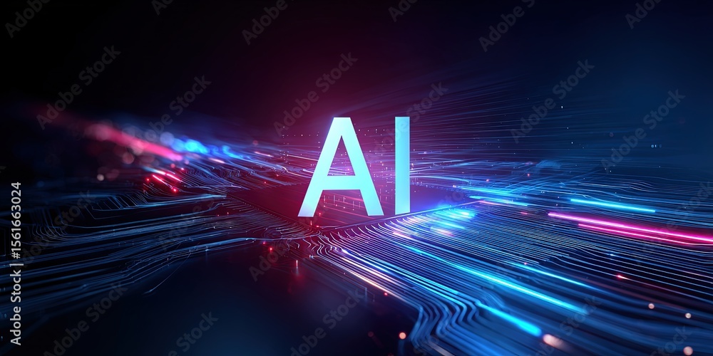 Poster Vibrant Digital Artificial Intelligence Technology Concept with Dynamic Light Effects.