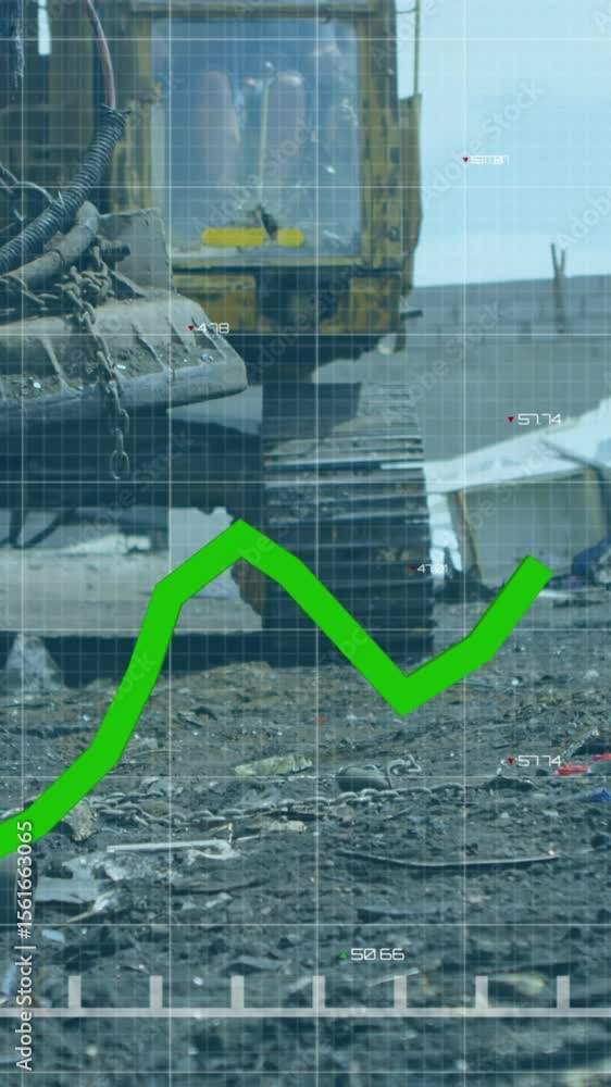 Poster animation of statistical data processing over grid network against magnetic crane at junkyard