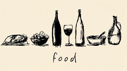 Minimalist Hand Drawn Food Illustration Featuring Wine Basket and Bottle.